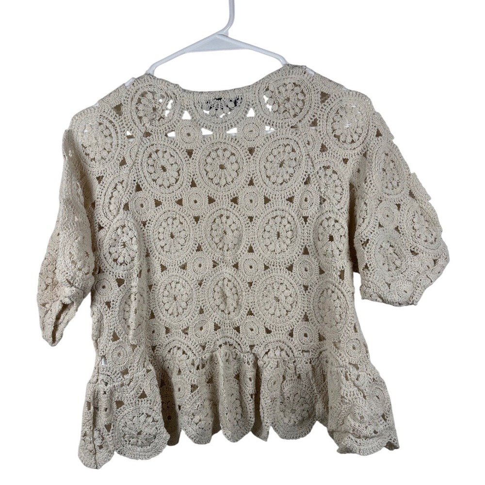 ZARA Crochet Small Round Medallion Peplum Top Short Sleeve Cream Beige White - Picture 6 of 8